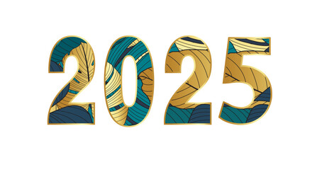 2025 poster. Lettering with tropical leaves. Christmas and New Year decor