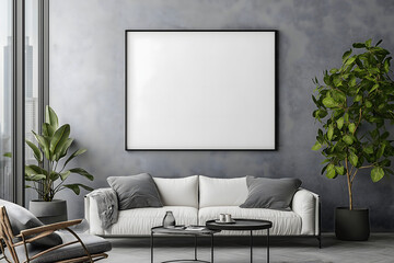 A blank framed artwork or poster, blank for design mockups, hanging on the wall of a living room, with a stylish interior, Grey wall background, Empty picture frame mockup, Design template