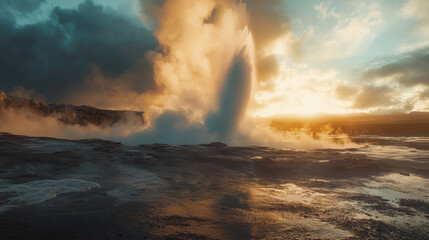 stunning geyser erupts, shooting boiling water and steam into air against dramatic sunset backdrop. scene captures raw beauty of nature and power of geothermal activity