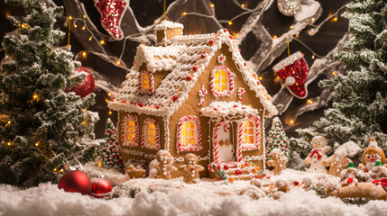 Naklejka premium charming gingerbread house adorned with colorful icing and surrounded by festive decorations, nestled among snowy trees and holiday ornaments, evokes warm, joyful holiday spirit