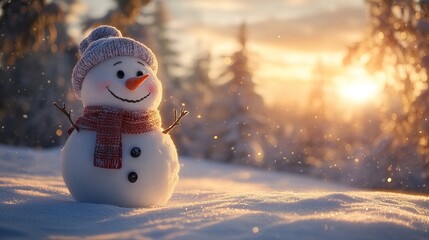 Fototapeta premium A cute smiling snowman wearing a hat and scarf in a snowy landscape. AI generated image
