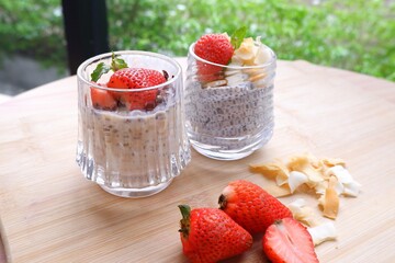 fruit smoothies in glass on blur background.Healthy fruit smoothies.
