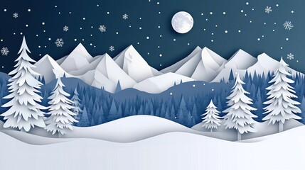 A paper-cut style winter landscape with snow-covered trees and mountains. AI generated image
