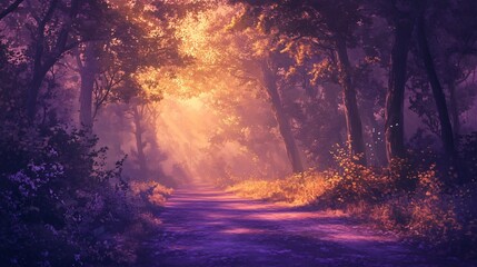 Fototapeta premium Magical forest path bathed in warm golden light with a purple haze and a mystical feel.