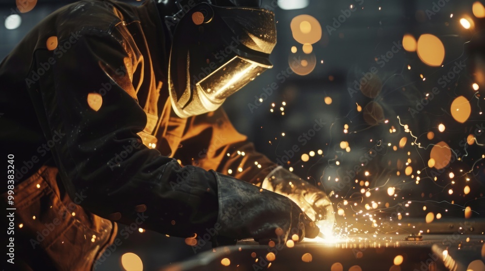 Aufkleber a man in a protective suit is working with a piece of metal that is being welded
