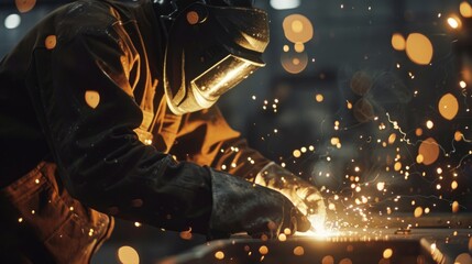 A man in a protective suit is working with a piece of metal that is being welded