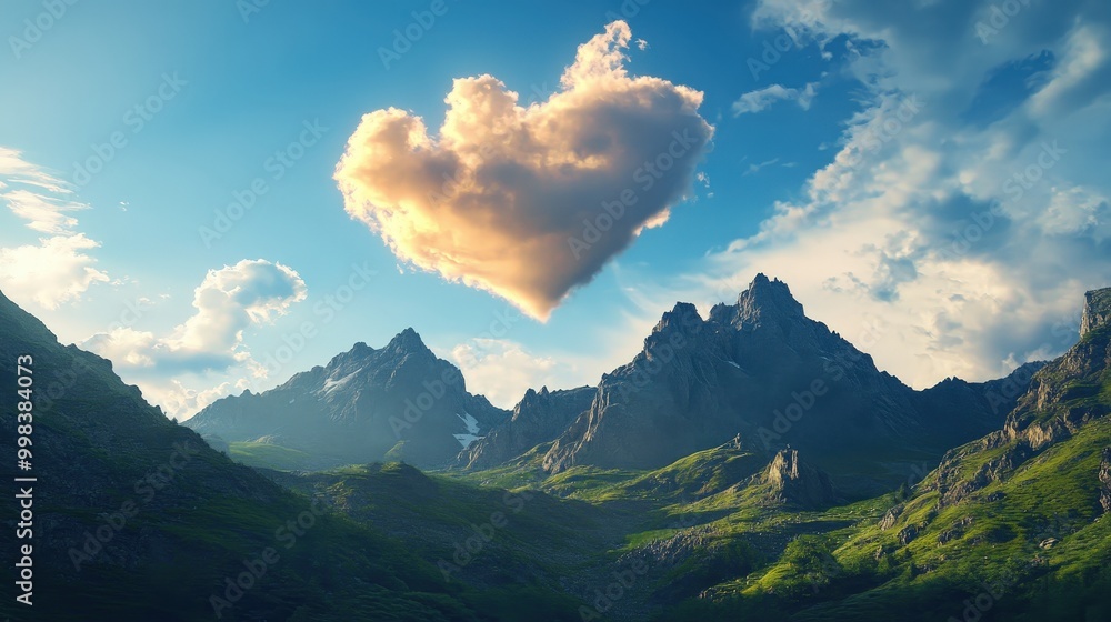 Poster mountain and heart: design a scene with a heart-shaped cloud hovering above a mountain range, adding