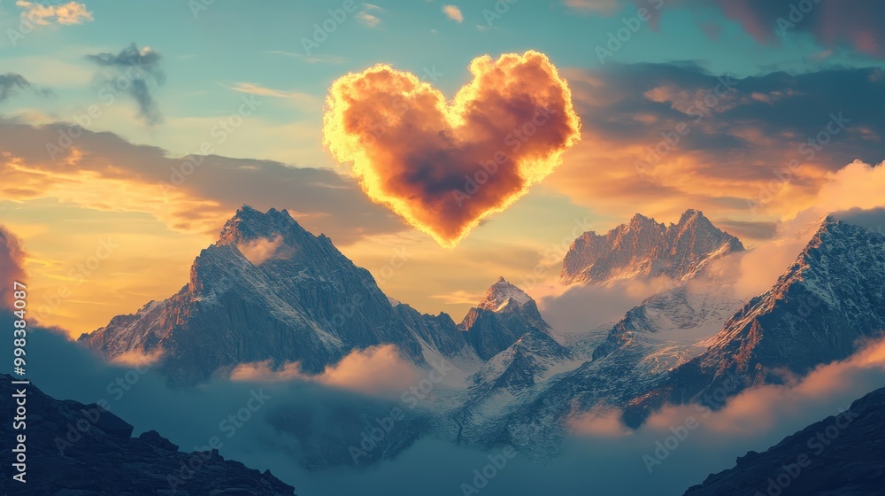 Poster mountain and heart: design a scene with a heart-shaped cloud hovering above a mountain range, adding