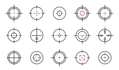 Target aim icon set. Targets and destination. Crosshair or sight icons. Sniper aim and scope. Focus sign in circle. Aim Bullseye. Vector illustration.