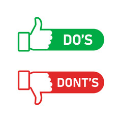 Do and don't. Do's and don'ts icons. Positive and negative symbols. Like and dislike with thumb up and thumb down. Good and bad signs. Vector illustration.