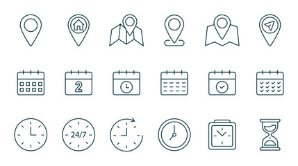 Time, calendar and location line icons set. Point, map, gps navigator, timing, timer, alarm. Isolated on a white background. Pixel perfect. Editable stroke. 64x64.