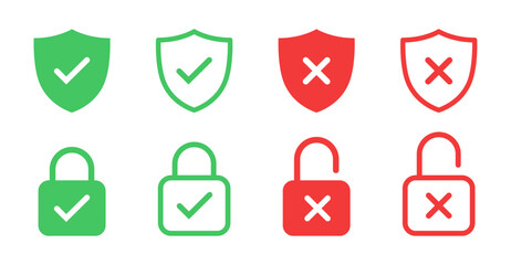 Security Shield and lock Vector Line Icon Set. Security shield and lock outline symbols with check and cross mark. Editable Stroke. Pixel Perfect