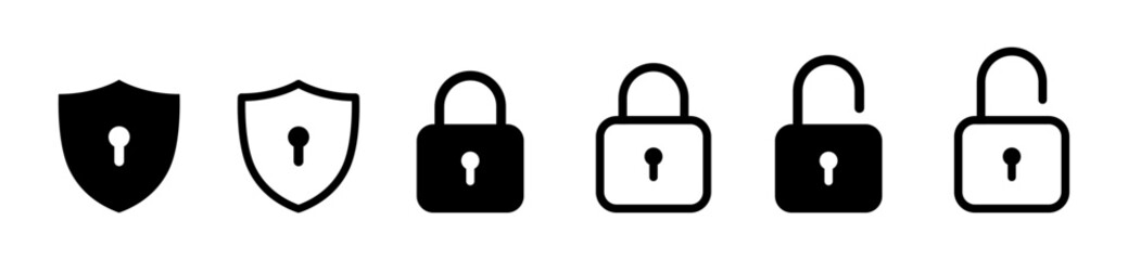 Set of security shield icons, security shields logotypes with check mark and padlock. Security shield symbols. Vector illustration.