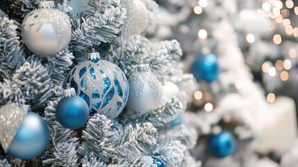 Obraz premium beautifully decorated Christmas tree adorned with silver and blue ornaments, creating festive and joyful atmosphere. shimmering decorations enhance winter wonderland feel