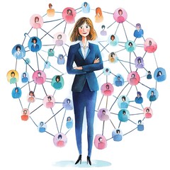 Watercolor illustration of a woman in a suit standing in the middle of a network of people.