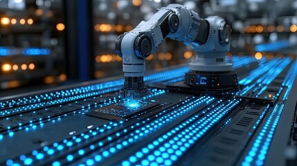 An industry 4.0 concept where an engineer teaches a robot arm using a control panel, demonstrating smart factory production.