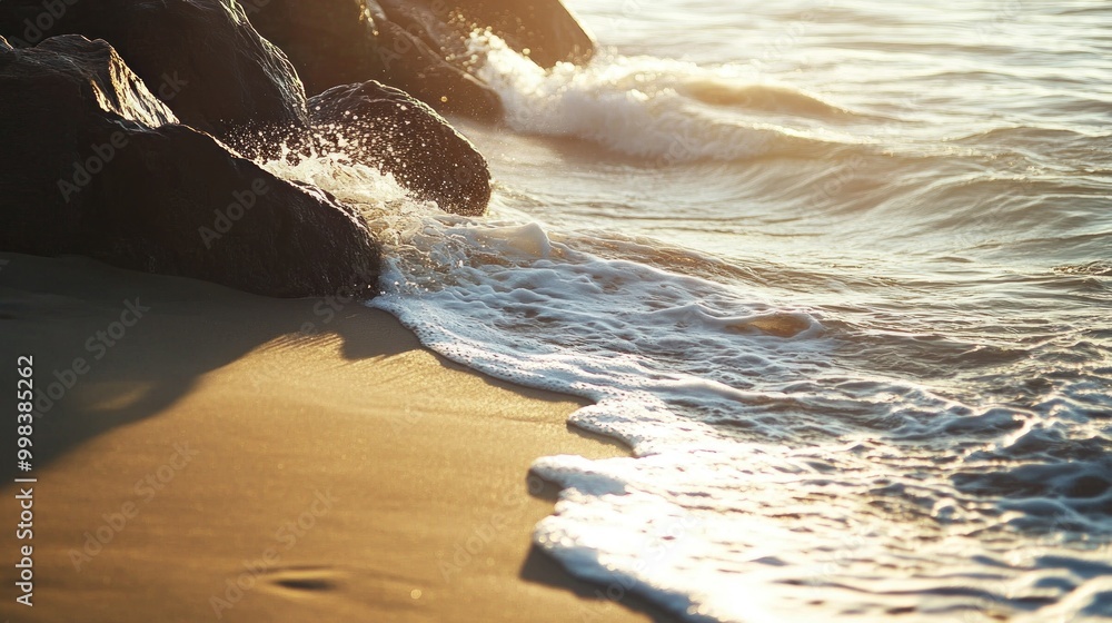 Sticker Foamy Waves Crashing on Sandy Beach at Sunset