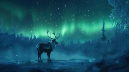 Fototapeta premium Northern Lights and Wildlife: Design a scene featuring Arctic wildlife, such as reindeer or wolves, under the mesmerizing glow of the Northern Lights.