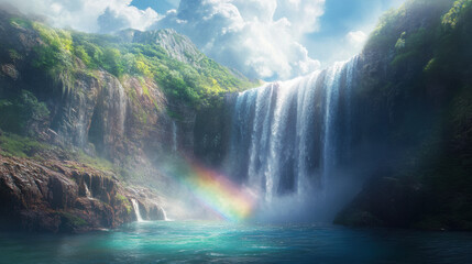 Fototapeta premium stunning waterfall cascades into serene pool below, surrounded by lush greenery and vibrant nature. beautiful rainbow arcs gracefully over scene, creating magical atmosphere
