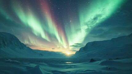 Naklejka premium Northern Lights Over a Snowy Landscape: Illustrate the Northern Lights illuminating a vast snowy landscape, with shades of green, pink, and purple dancing in the night sky