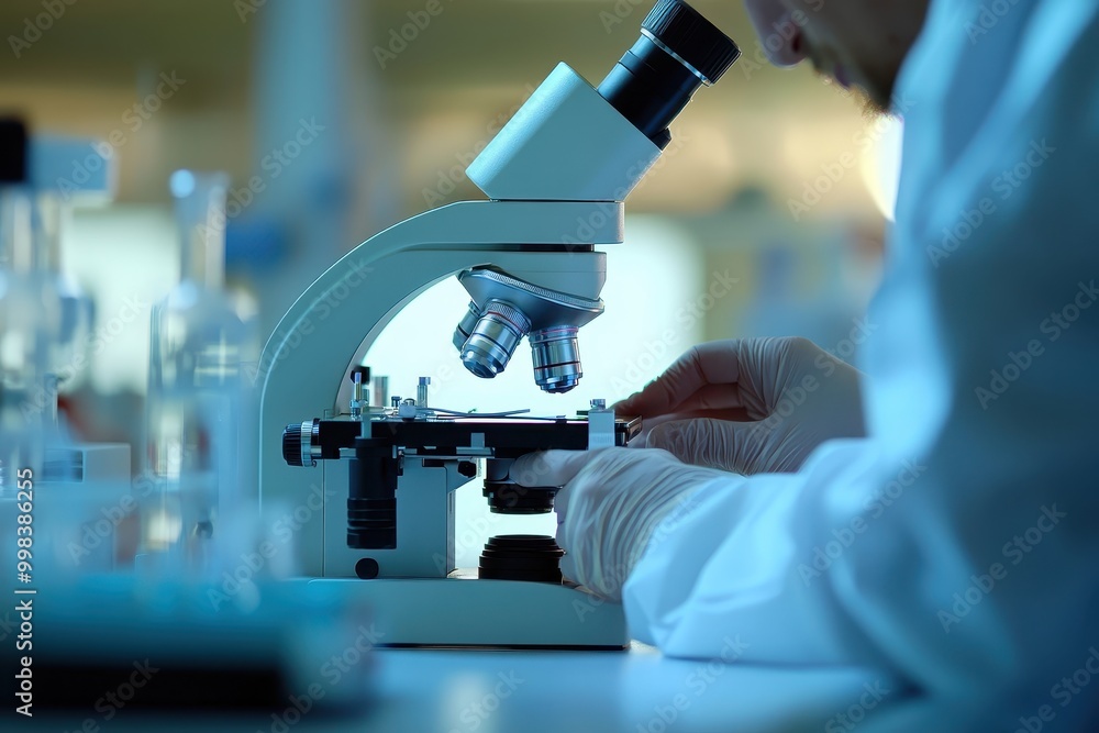 Aufkleber a scientist examines a sample under a microscope in a laboratory setting.