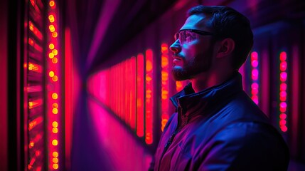 Obraz premium An IT technician engaged in network programming and cybersecurity, focusing on internet protection and cyber management.