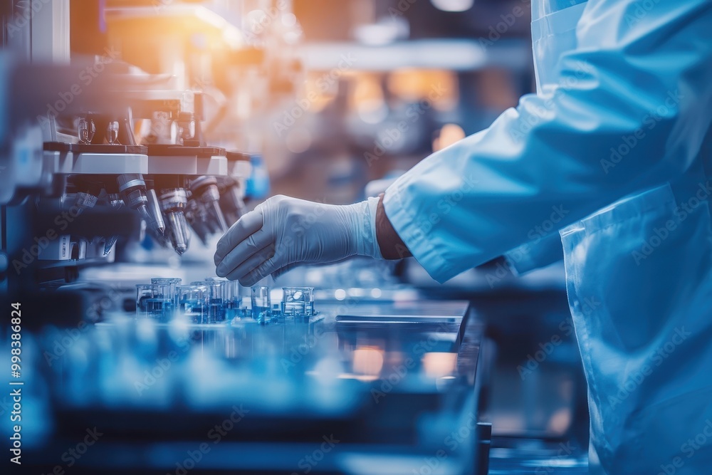 Poster a scientist in a lab coat examines samples in a laboratory setting.