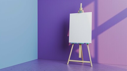 Artwork canvas mockup near purple wall. Artist studio equipment with painting template advertising image. Blank paper sheet on wooden tripod mock up product photorealistic