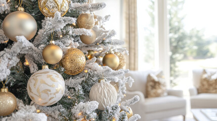 beautifully decorated Christmas tree adorned with golden and white baubles, creating festive and warm atmosphere in cozy living room. glistening ornaments reflect light, enhancing holiday spirit