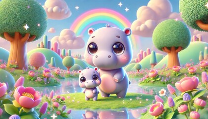Fototapeta premium Cute cartoon hippos joyful in a colorful landscape with flowers and a rainbow.