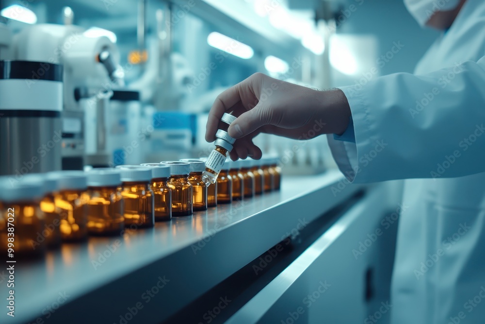 Poster a scientist in a lab coats prepares vials in a laboratory setting.