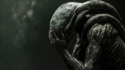 Fototapeta premium In this black and white photograph, an alien figure is shown dramatically covering his face with his hands, evoking a sense of mystery and emotion