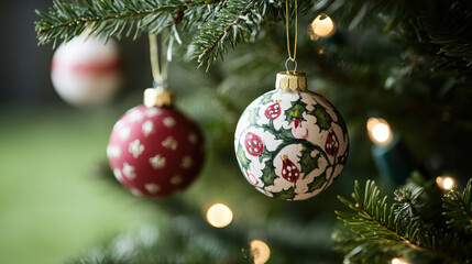 Fototapeta premium Handmade ornaments hanging from Christmas tree, featuring festive designs and vibrant colors, create joyful holiday atmosphere