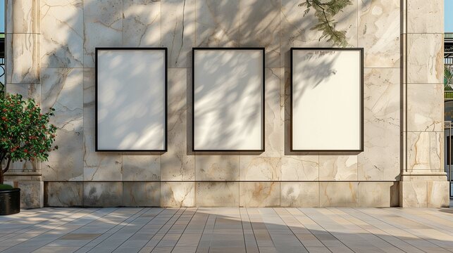 Promo placards mockups om modern city street. Triptych artwork template placed on stone building facade advertising image. Paintings mock ups at urban district product photorealistic
