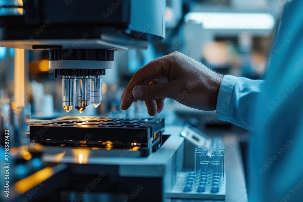 Poster a scientist's hand operates a microscope in a laboratory setting.