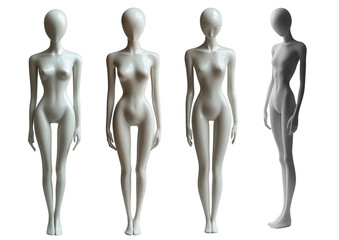 Obraz premium Mannequins in various poses on transparent background, showcasing different styles and designs. Ideal for fashion displays or artistic presentations