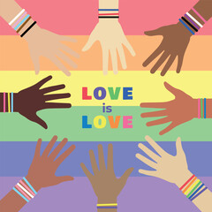LGBT Pride Month Multiracial hands. Multiracial hands in a circle. Vector illustration. Different flags.