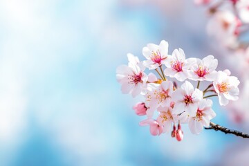 Serene cherry blossoms in springtime bloom soft blue sky
