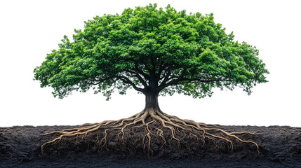 A tree with a prominent taproot system, showing exposed roots on a plain PNGbackground