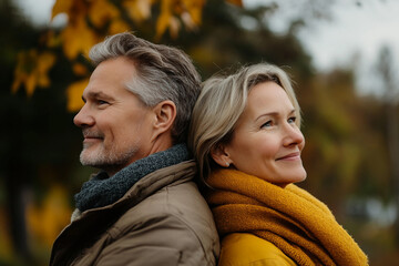Fototapeta premium Couple traveling together in autumn forest generative AI