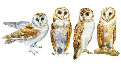 Elegant Owl set, detailed watercolor bird hand-painted isolated on white for wildlife art, home decor, Design Projects