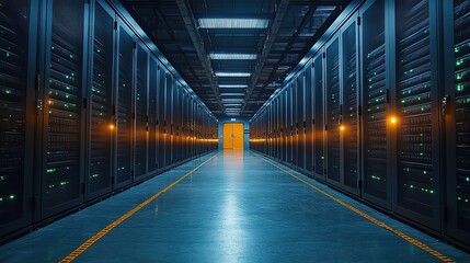 In a data center, a male IT technician uses a laptop to run maintenance, ensuring optimal performance of server racks.