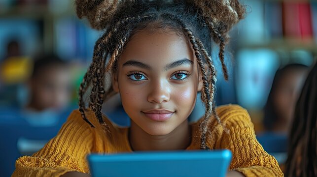 In a classroom, a young biracial female student uses a tablet, representing modern educational technology.