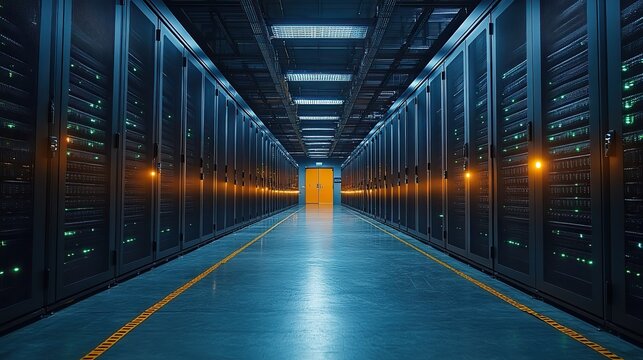 In a data center, a male IT technician uses a laptop to run maintenance, ensuring optimal performance of server racks.