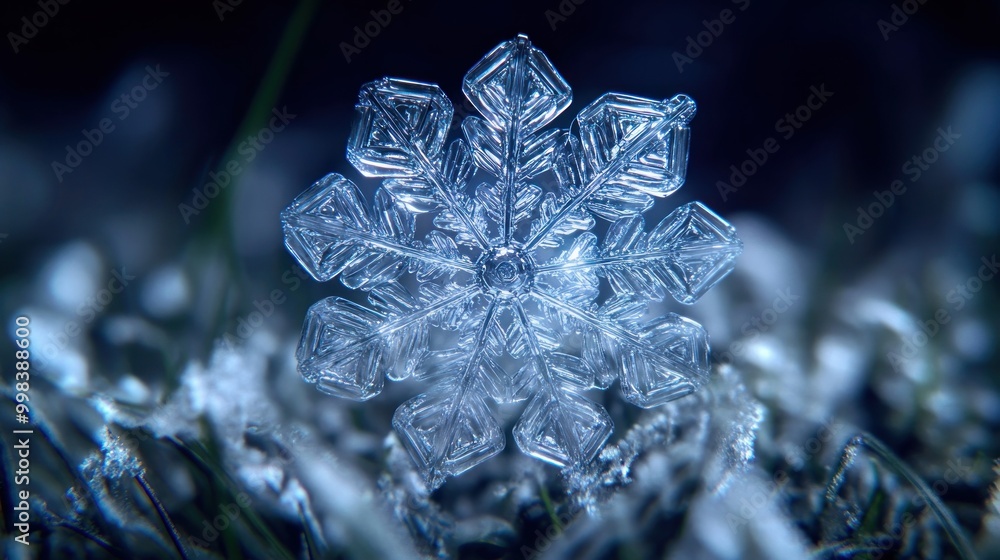 Poster a macro view of an intricate snowflake on grass