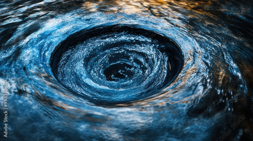 Poster image captures mesmerizing whirlpool, with water spiraling quickly downwards, creating dynamic and c