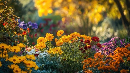 Picture a colorful autumn garden with marigolds, chrysanthemums, and asters in full bloom.