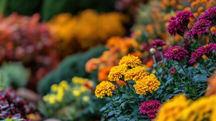 Picture a colorful autumn garden with marigolds, chrysanthemums, and asters in full bloom.