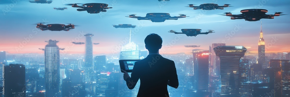 Aufkleber in a high-tech control center, a drone pilot expertly manages a swarm of sleek drones against a colo
