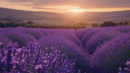 Obraz premium Lavender Field in Full Bloom with Rolling Hills in the Background During Golden Hour